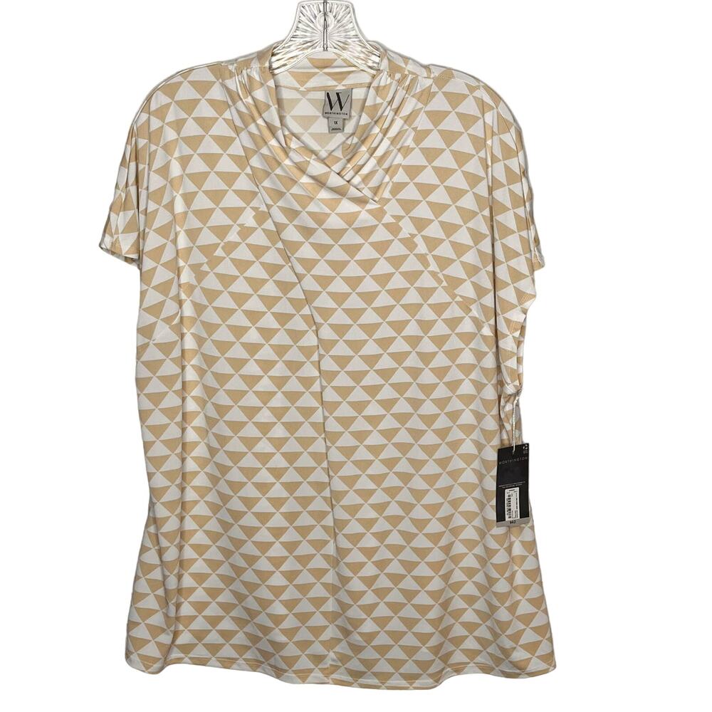 Worthington Geometric Cream Blouse Short Sleeve Cowl Neck Blouse 1X